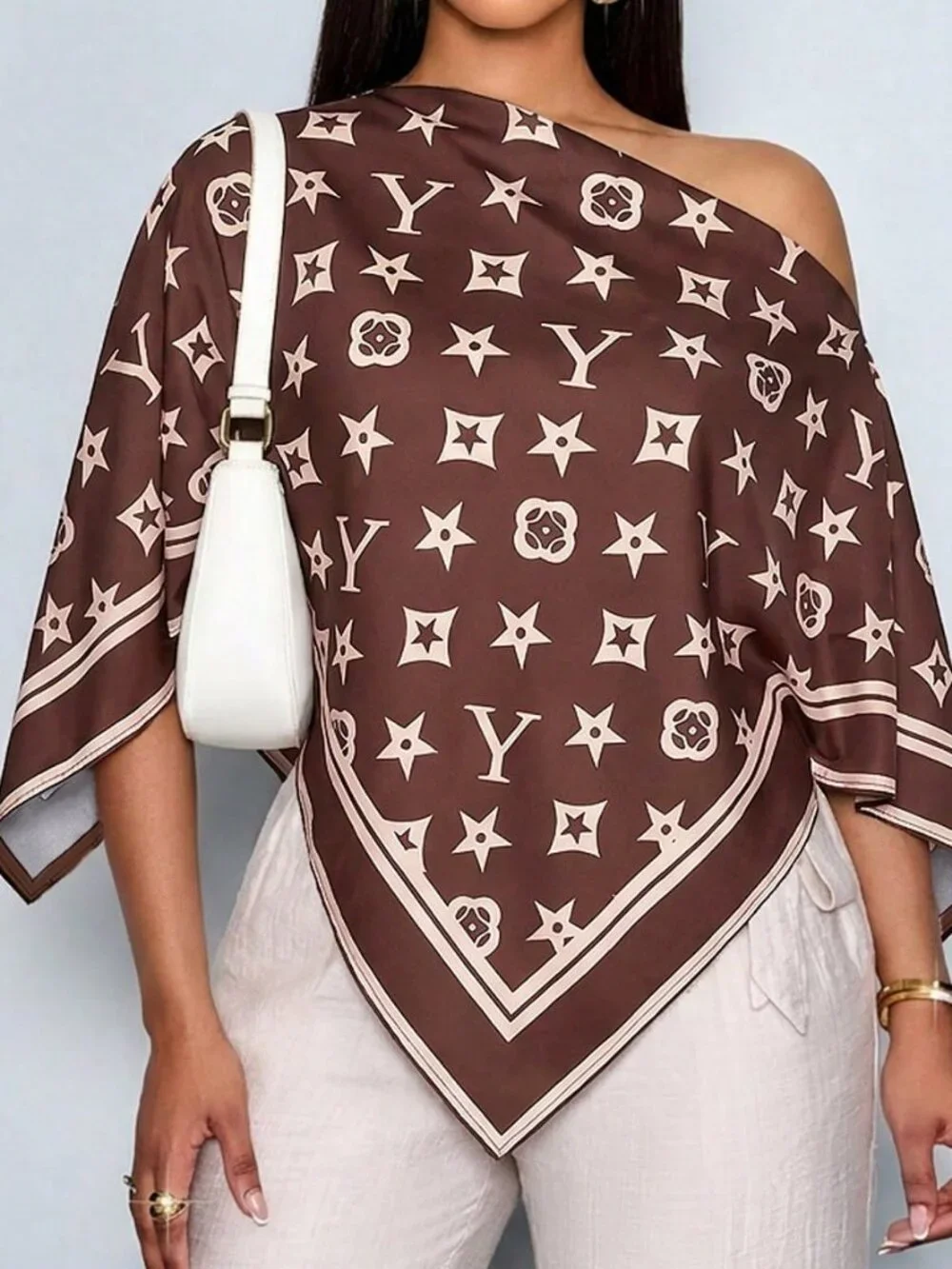Brown Boho Women's Elegant Off-Shoulder Shirt Artistic Pattern Party Top - Picture 9 of 10